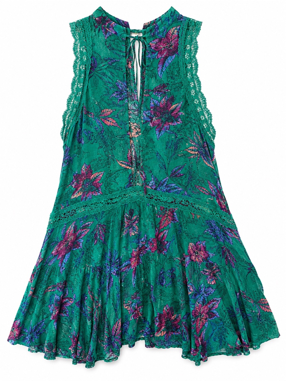 Free People She Moves Emerald Green Floral Lace-Trim Boho Mini Dress